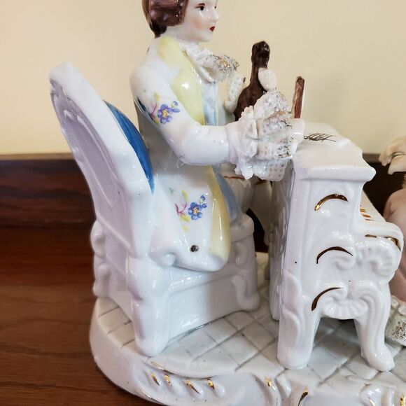 Vtg Dresden Porcelain Lace Figurine Victorian Couple Playing Violin and Piano - Picture 7 of 10